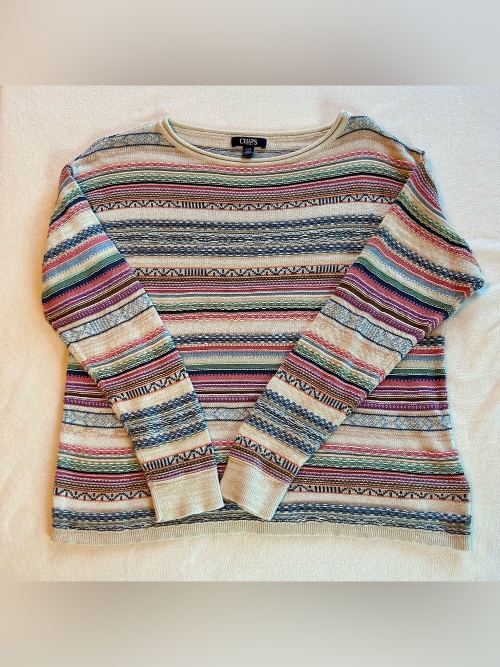 CHAPS Multicolor Striped Crewneck Sweater - Cream Base Sz L